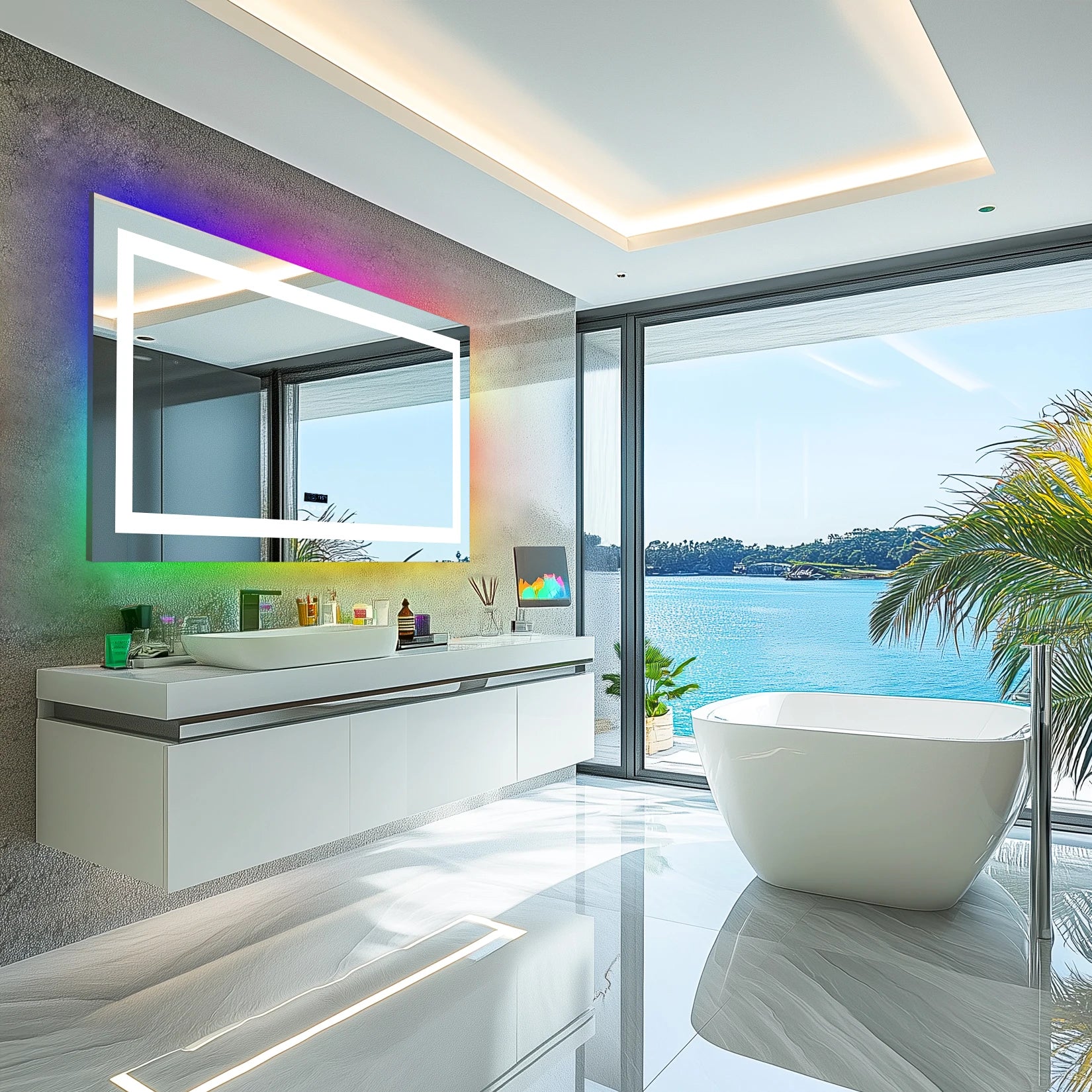 Moderni vonios kambario interjero scena su didelis LED veidrodis voniai ir kriaukle prie lango su vaizdu į ežerą