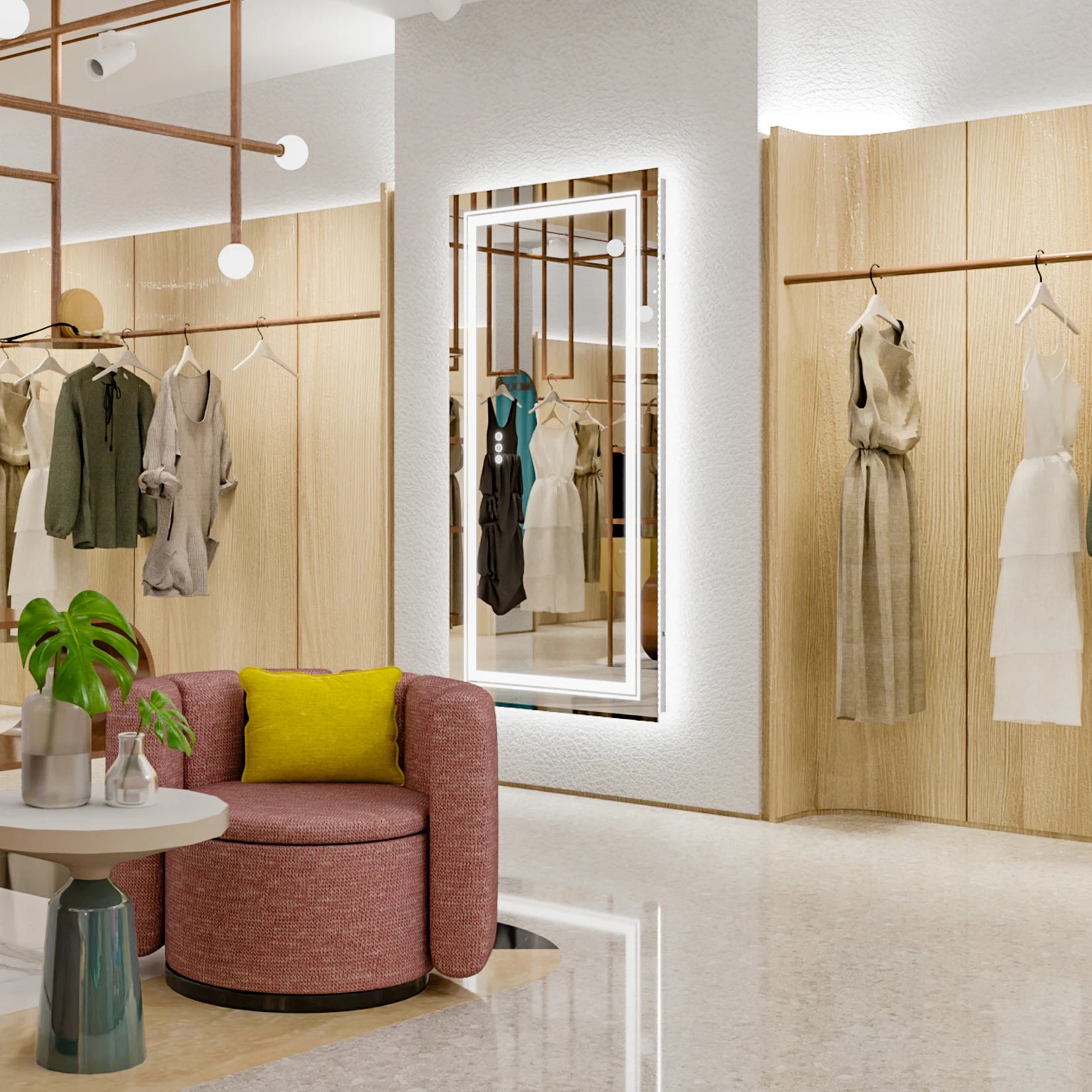 Išmanus LED veidrodis montuojamas ant sienos moderniame drabužių salono interjere