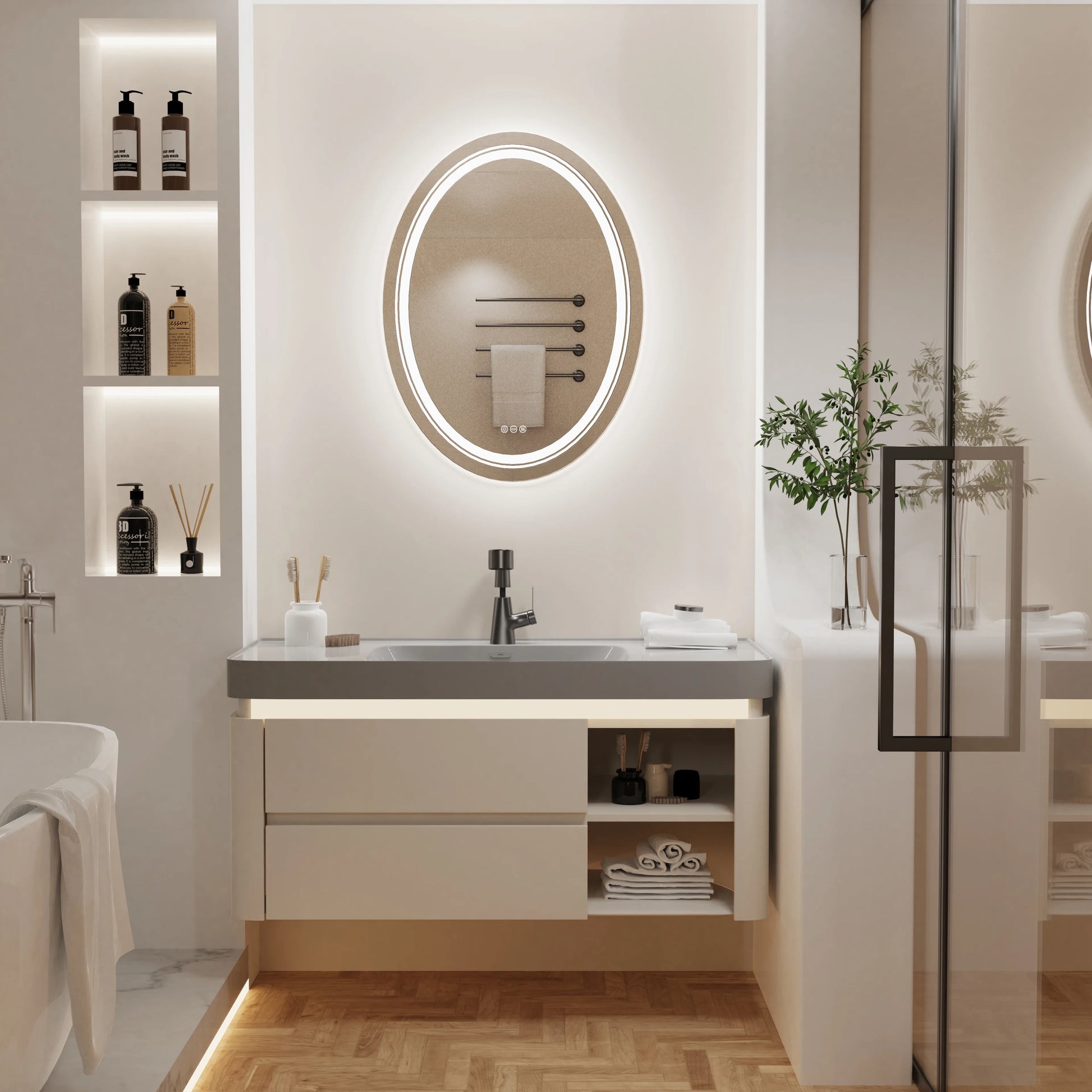 Modernus vonios kambarys su apvaliu išmaniu LED veidrodžiu ir minimalistiniu praustuvu