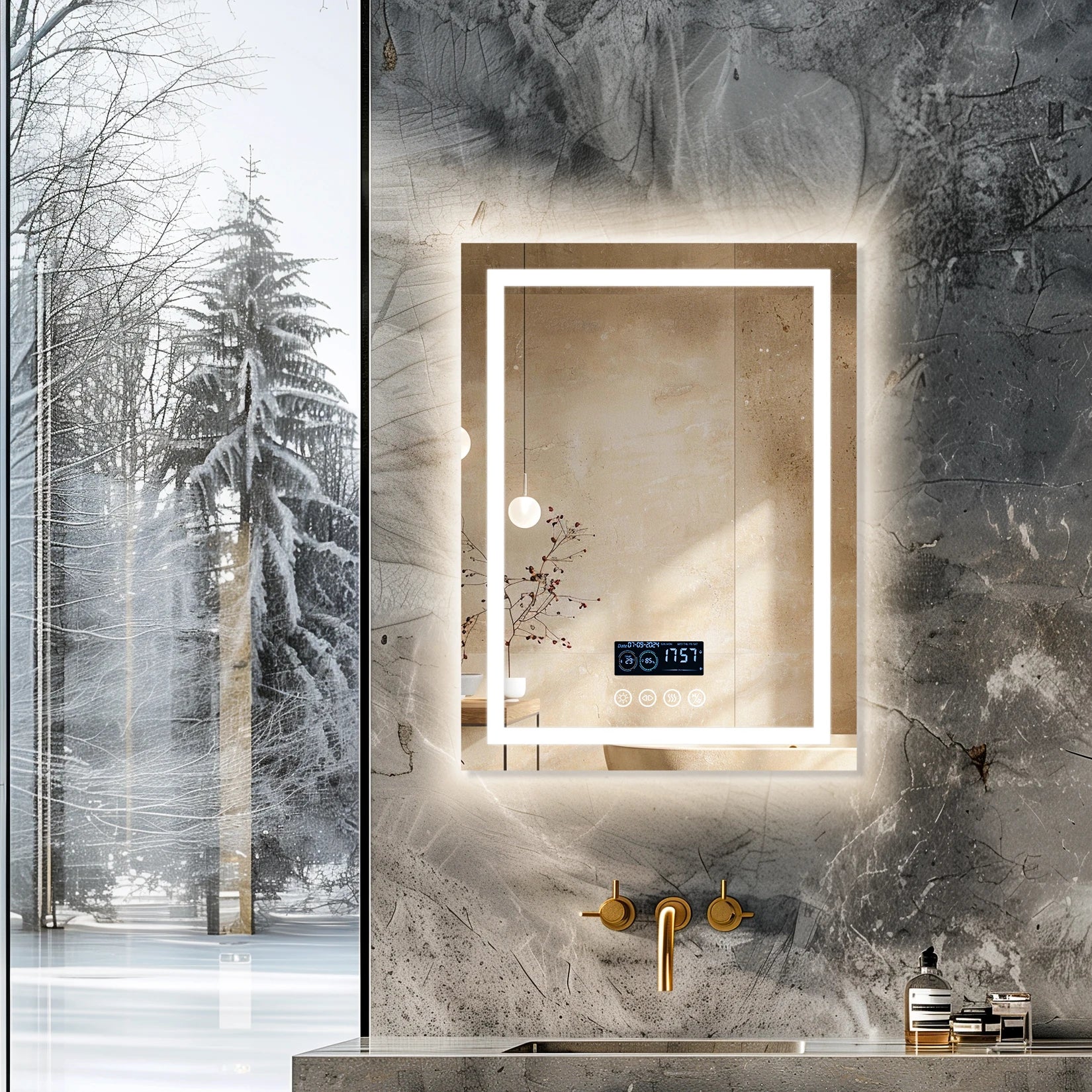 Išmanus LED veidrodis su apšvietimu ir skaitmeniniu ekranu moderniame vonios kambaryje