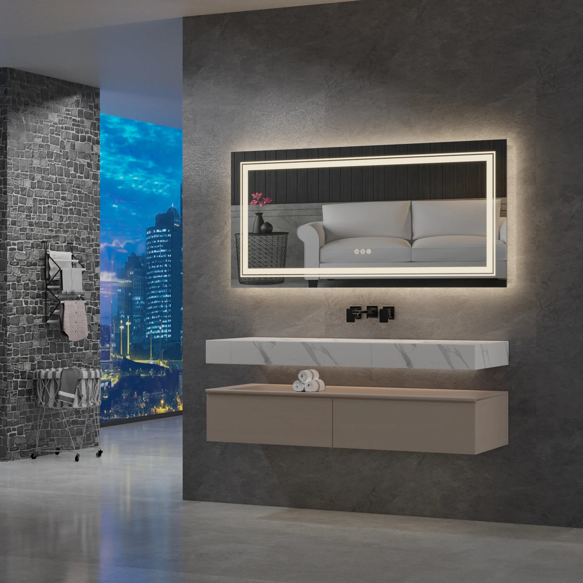 Modernaus dizaino išmanus LED veidrodis montuojamas vonios kambaryje su apšvietimu ir juodu rėmu