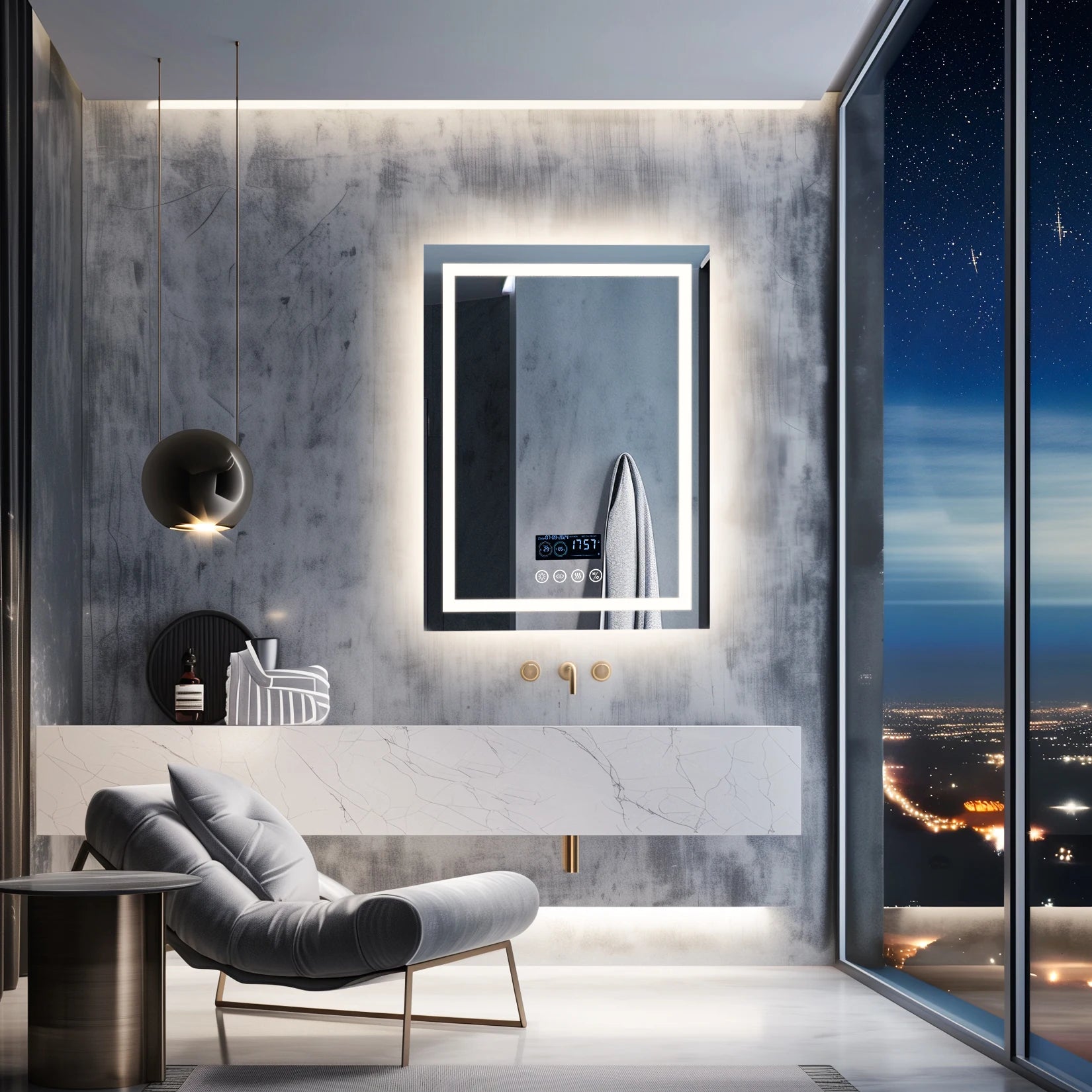 Modernus vonios kambarys su House Tech 1 išmaniu LED veidrodžiu ir apšviestu marmuriniu praustuvu