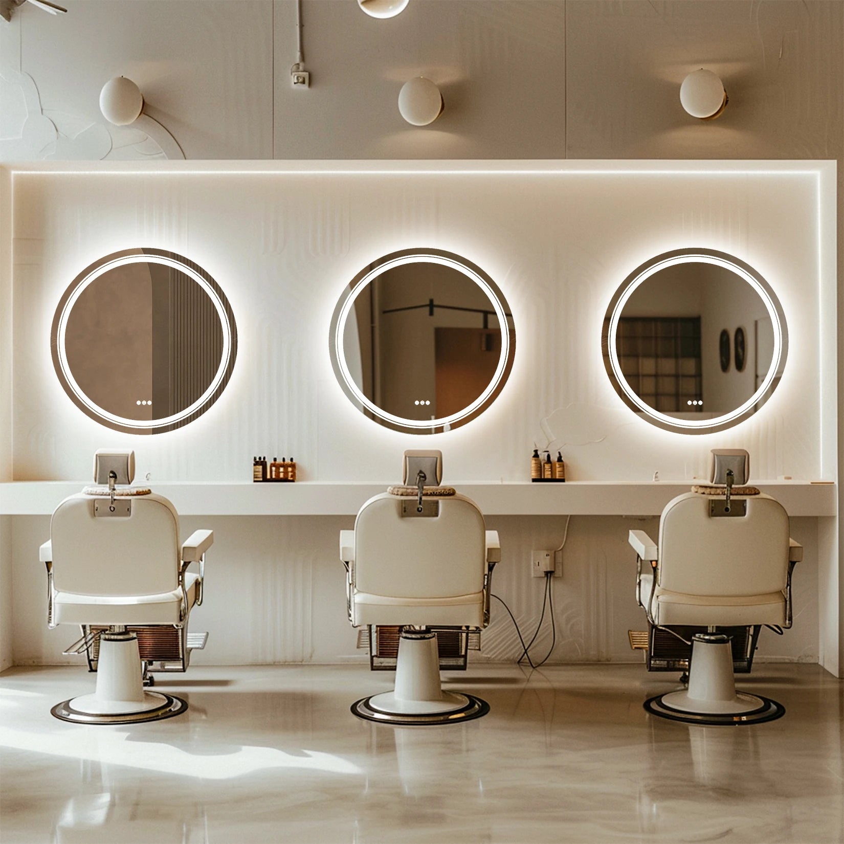 Modernūs kambario veidrodžiai su integruotu išmaniu veidrodžiu su LED apšvietimu ir baltomis kėdėmis