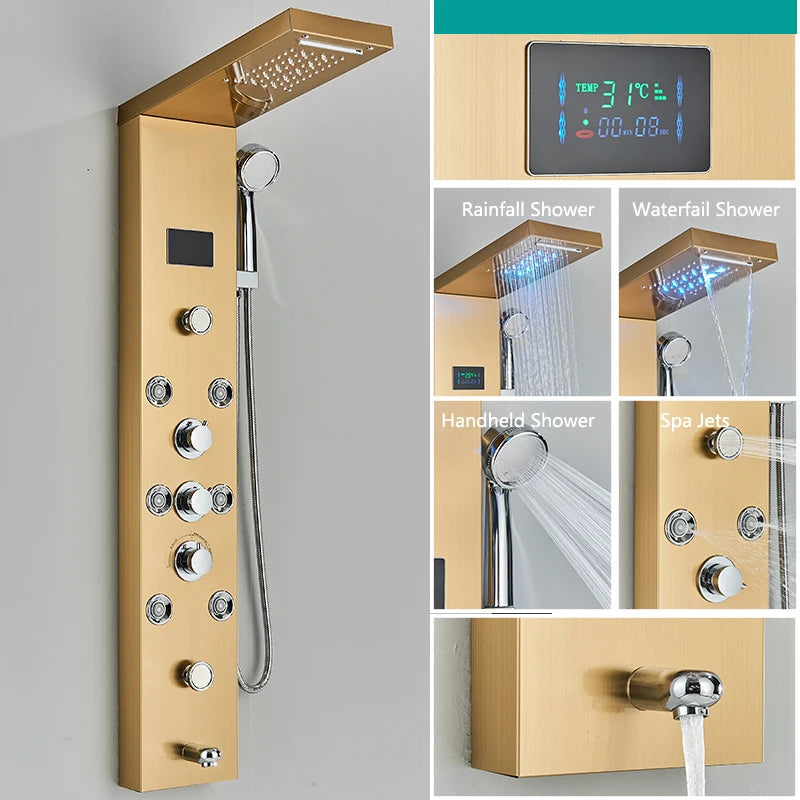 Modernus dušas su LED maišytuvu ir įvairiomis srovės funkcijomis aukso spalvos
