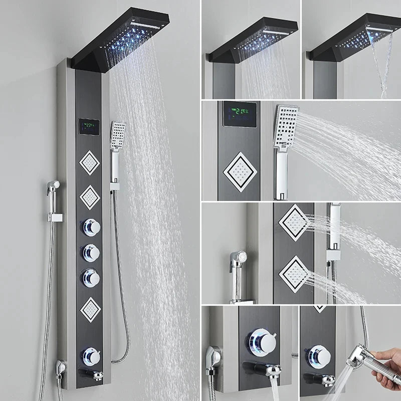 Modernus dušas su LED maišytuvu ir rankiniu dušu, juodos spalvos vonios kambariui