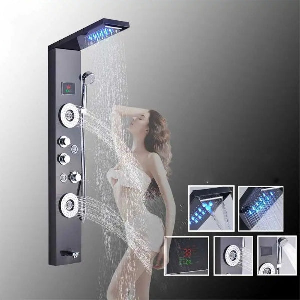 Modernus dušas su LED maišytuvu tamsios spalvos, srauto funkcijomis ir ekranu vonios kambariui