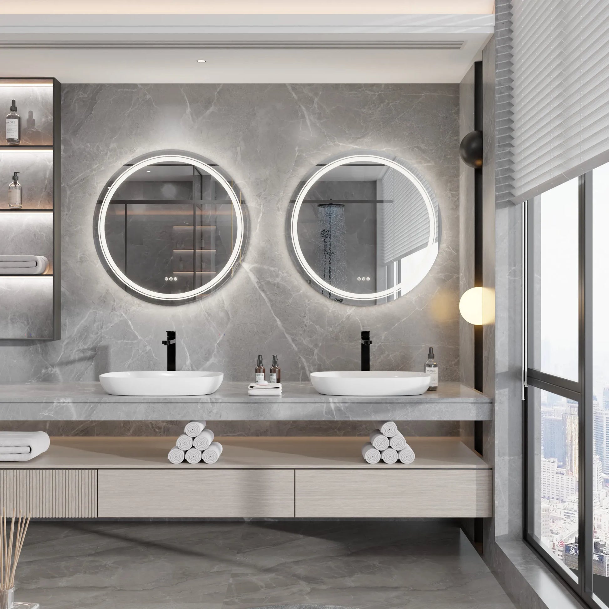 Modernus išmanus veidrodis namams vonios kambaryje su LED apšvietimu ir minimalistiniu dizainu