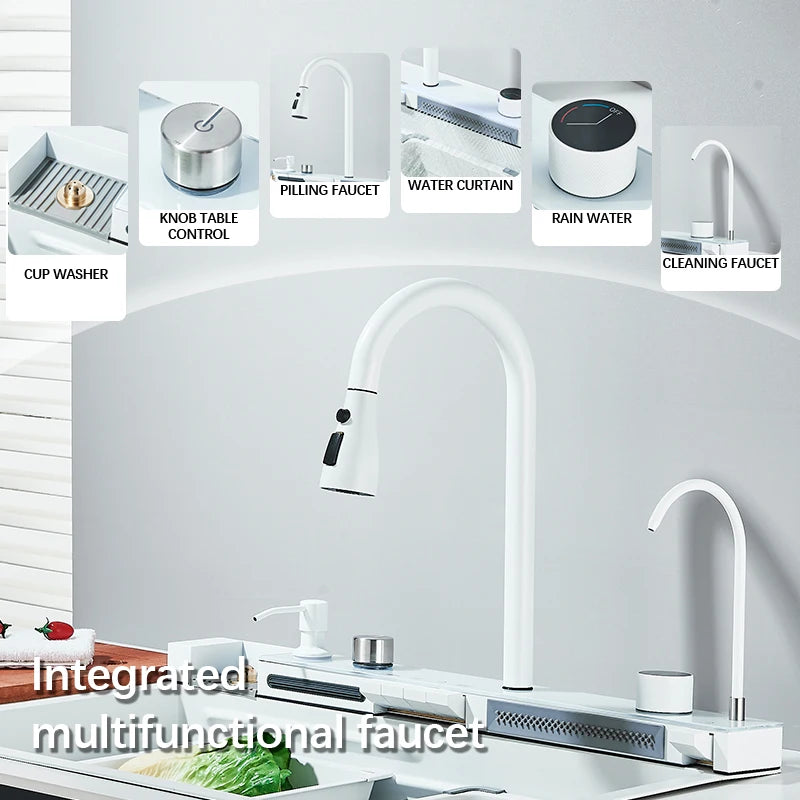 Virtuvinė kriauklė su inovatyviu maišytuvu ir integruotu daugiafunkciniu čiaupu baltoje spalvoje