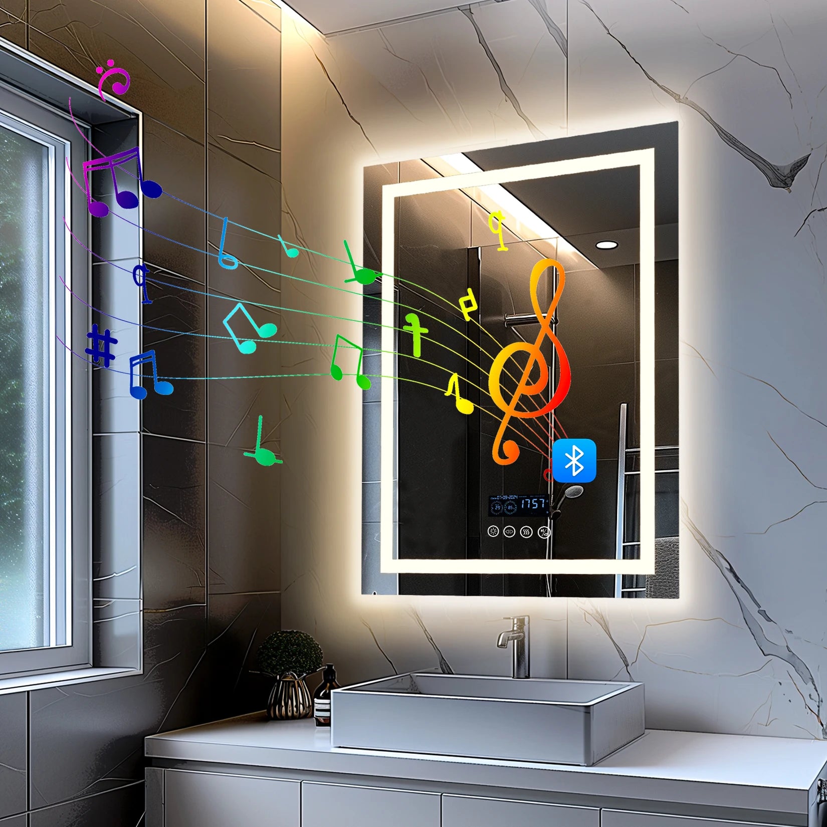 Išmanus veidrodis su LED apšvietimu ir integruotu muzikos grotuvo valdymu vonios kambaryje