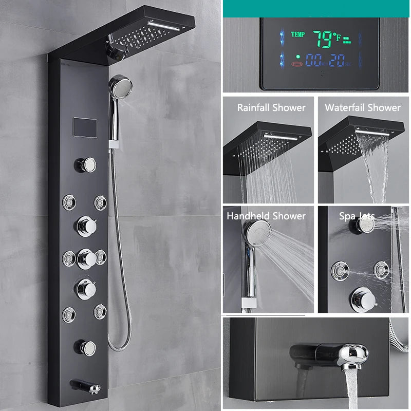 Modernus dušas su LED maišytuvu ir keliais purkštukų režimais juodos spalvos vonios kambariui