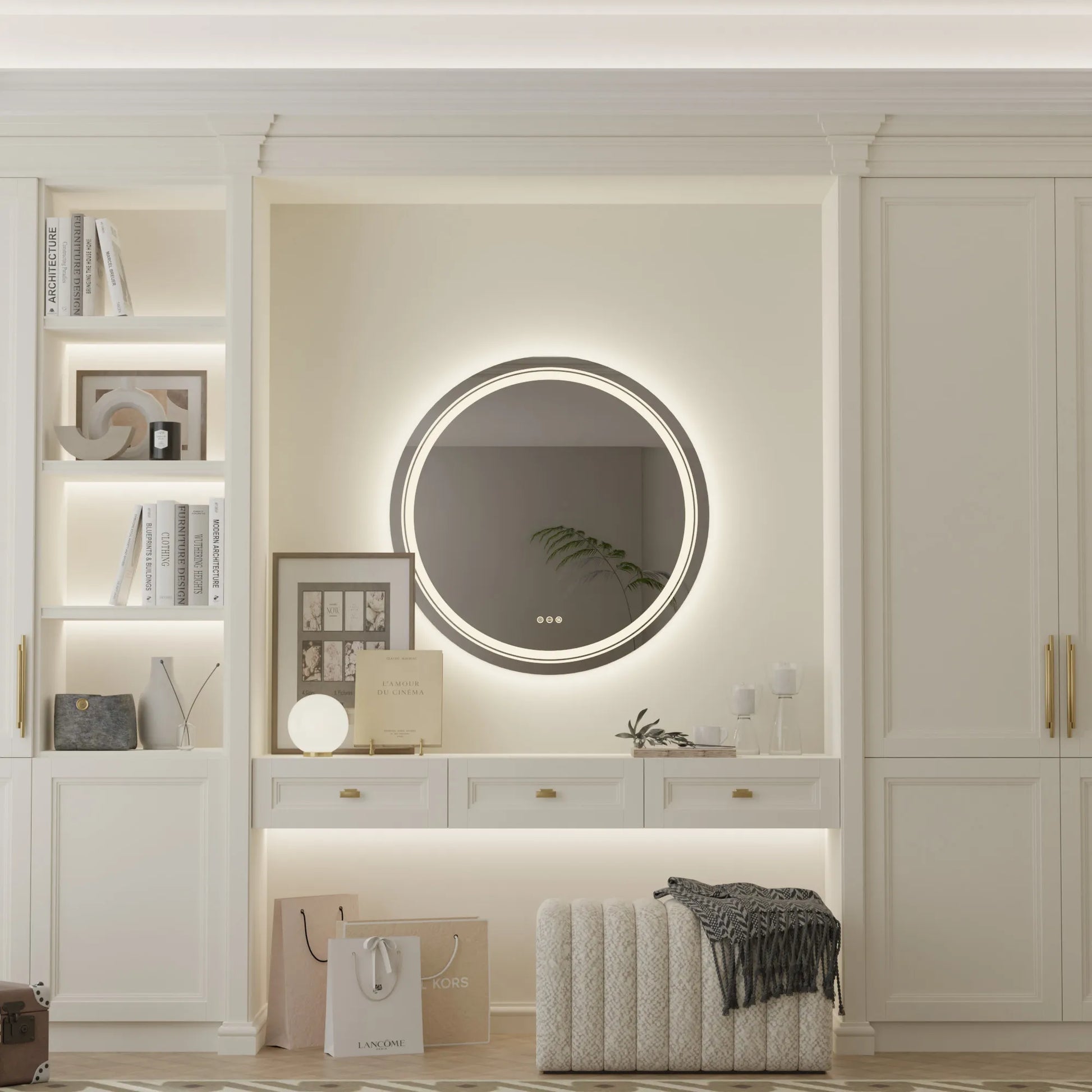 Modernus išmanus veidrodis namams su apvaliu LED apšvietimu ir minimalistiniu baltu interjeru